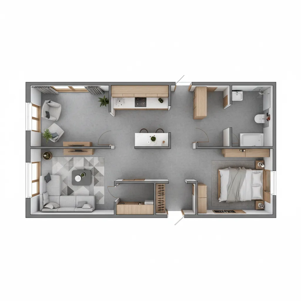 Denah rumah kecil 3x8 dengan layout ruang memanjang