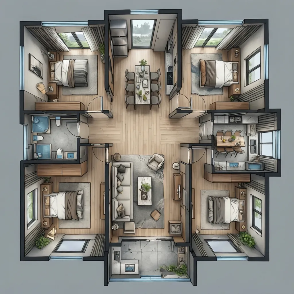 Detailed interior design drawing of a four bedroom house with central living and dining layout