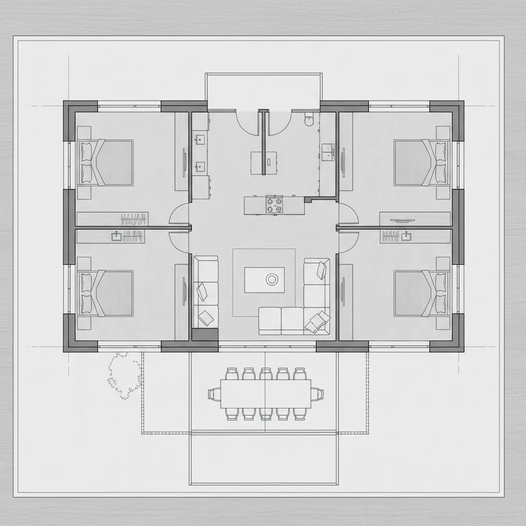 Contoh layout rumah empat kamar dengan ruang keluarga di tengah