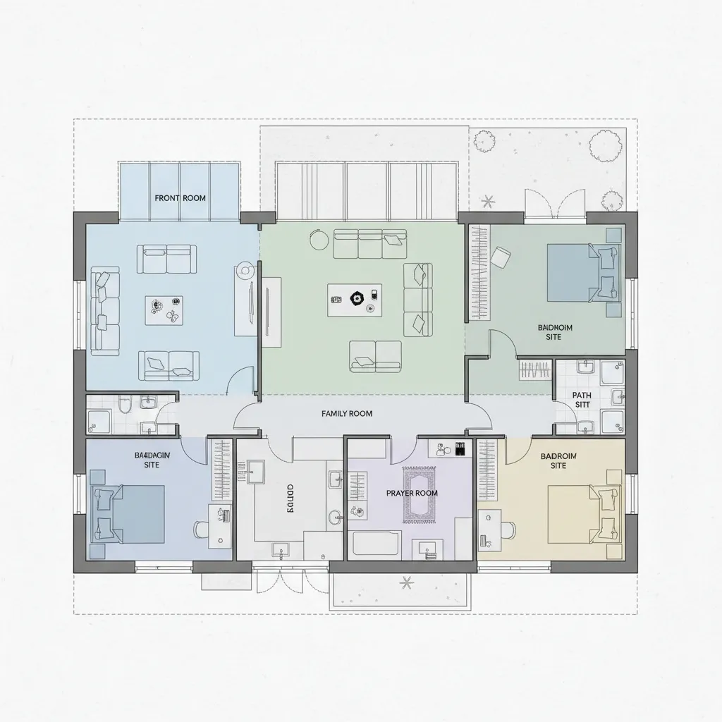 Colorful interior design drawing showing front room family room three bedrooms and a prayer room