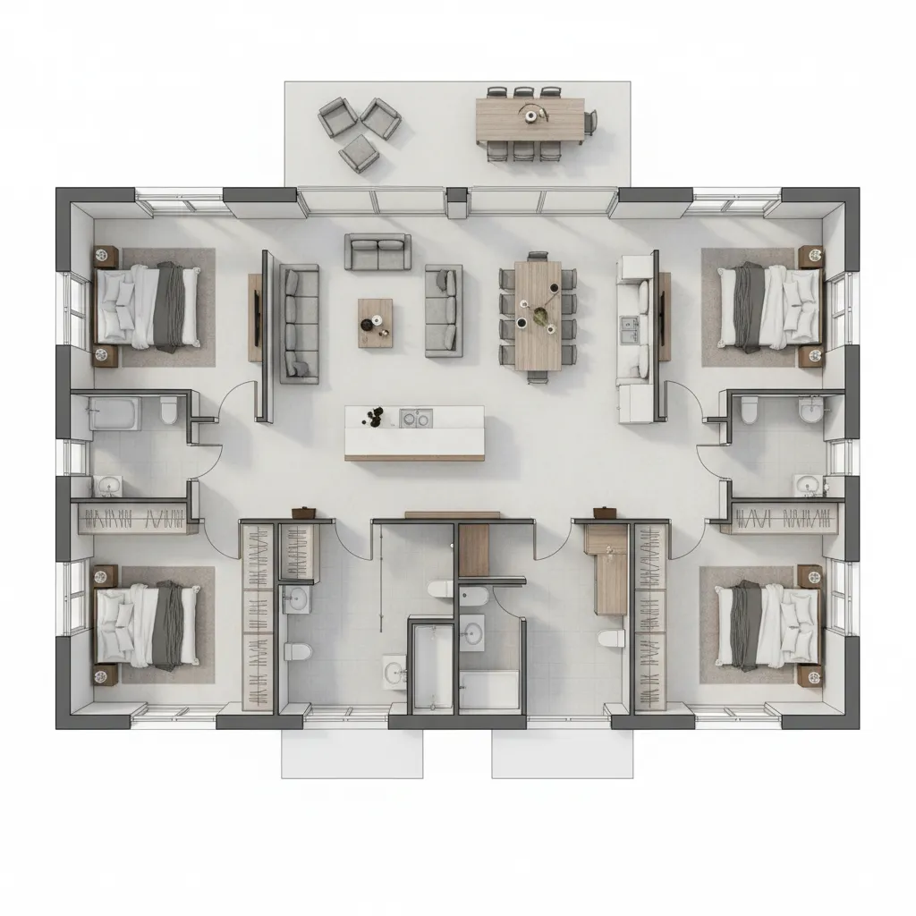 Modern four bedroom house floor plan showing open living room dining area and outdoor patio