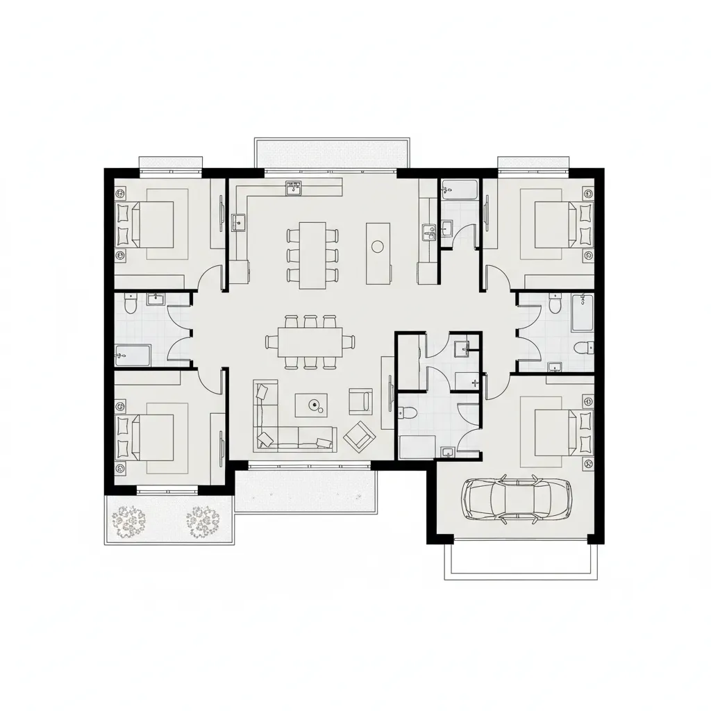 Black and white floor plan showing four bedrooms dining area living room kitchen and garage