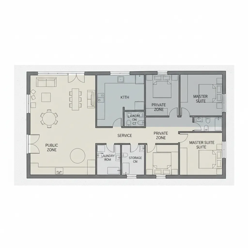 Diagram zonasi rumah minimalis dengan area publik dan privat