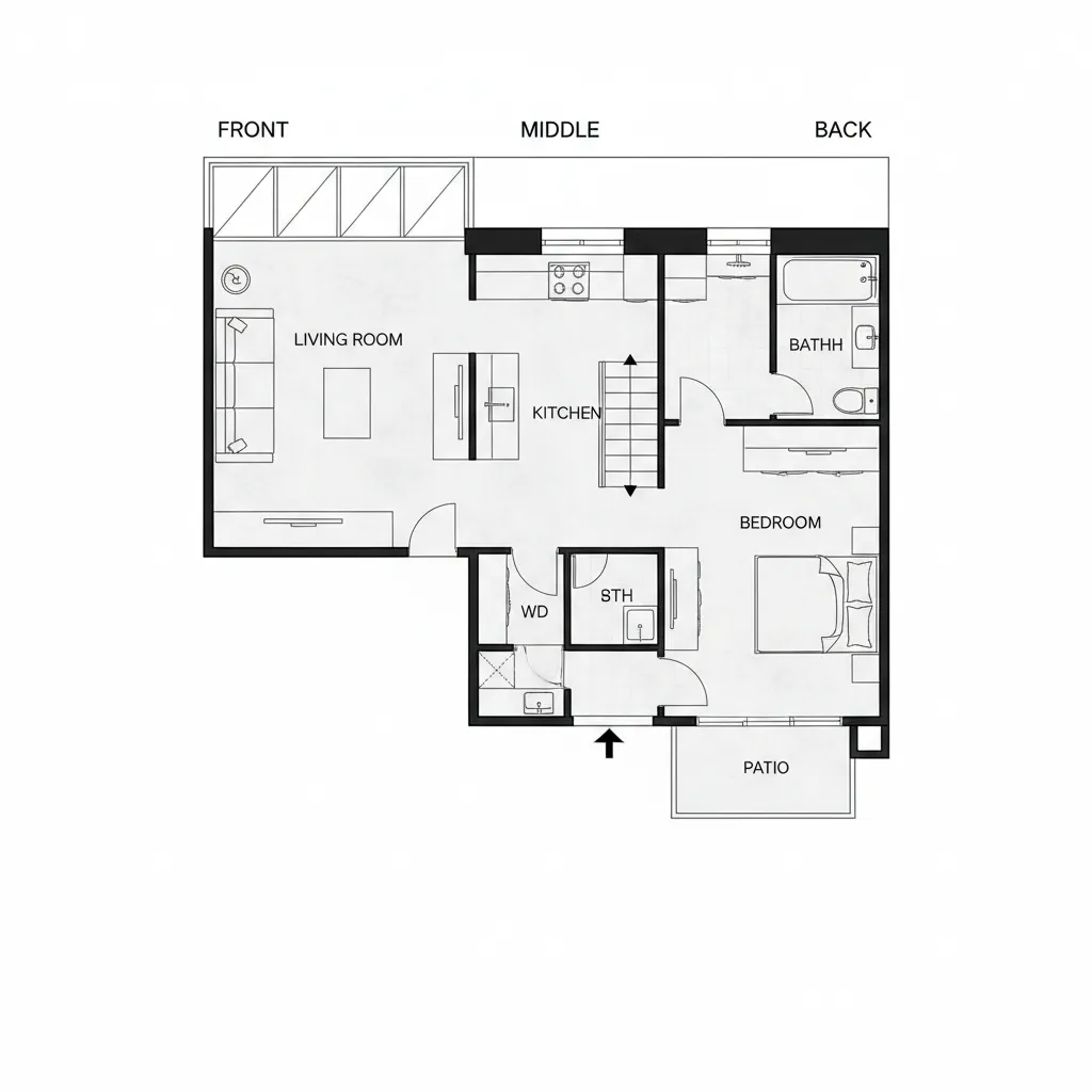 Detailed 2D floor plan layout showing a living room kitchen bedroom bathroom and a patio