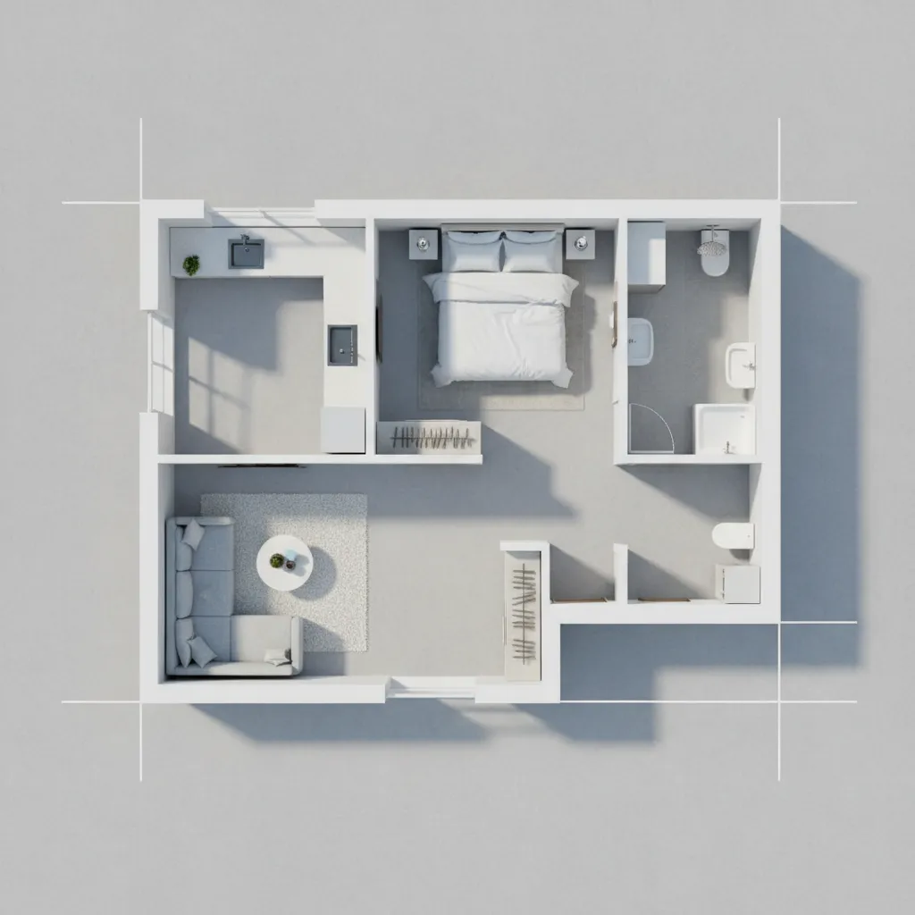 Top down 3D room layout with grey sofa white bed and small bathroom with shower