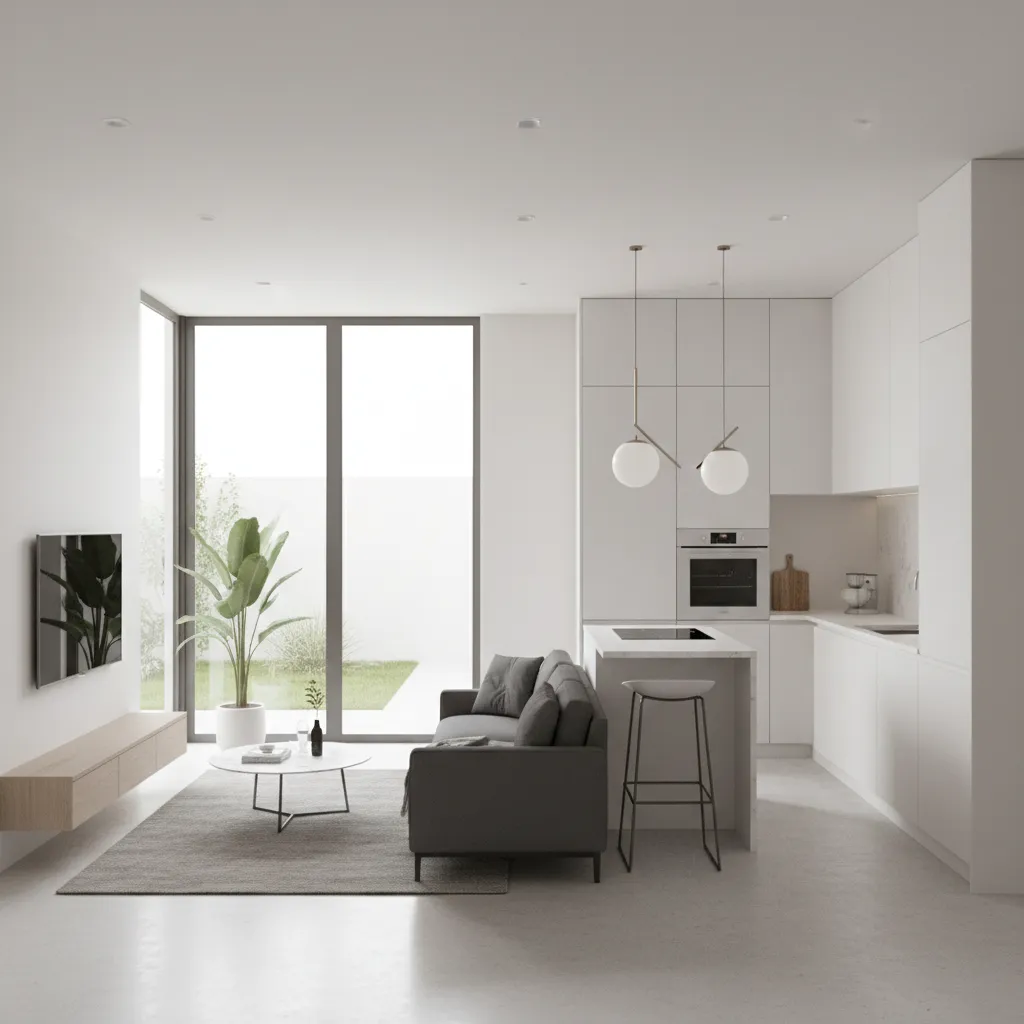 Modern white open kitchen and living room with grey sofa coffee table and large windows