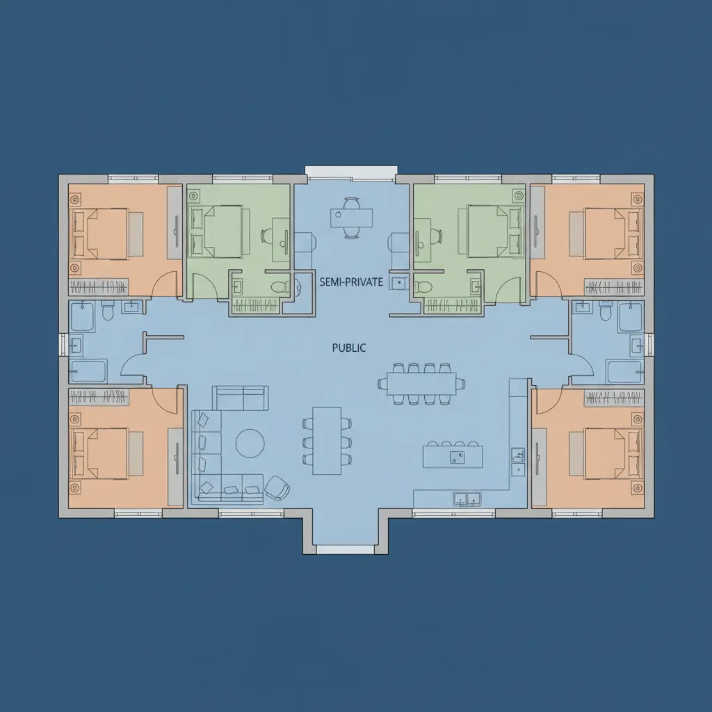Color coded room layout showing public and private areas inside a large five bedroom house