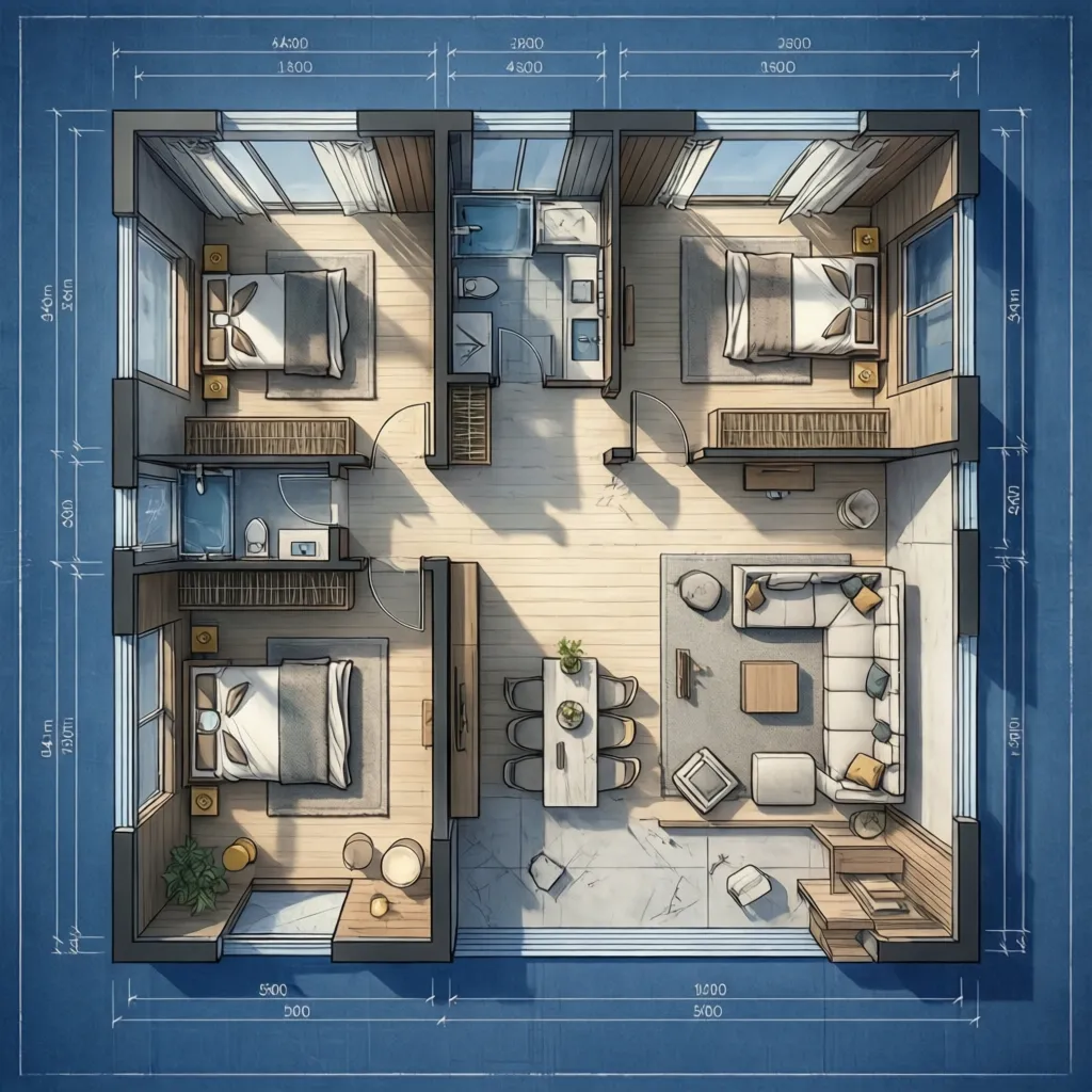 Blueprint style house room layout showing three bedrooms living area dining table and two bathrooms