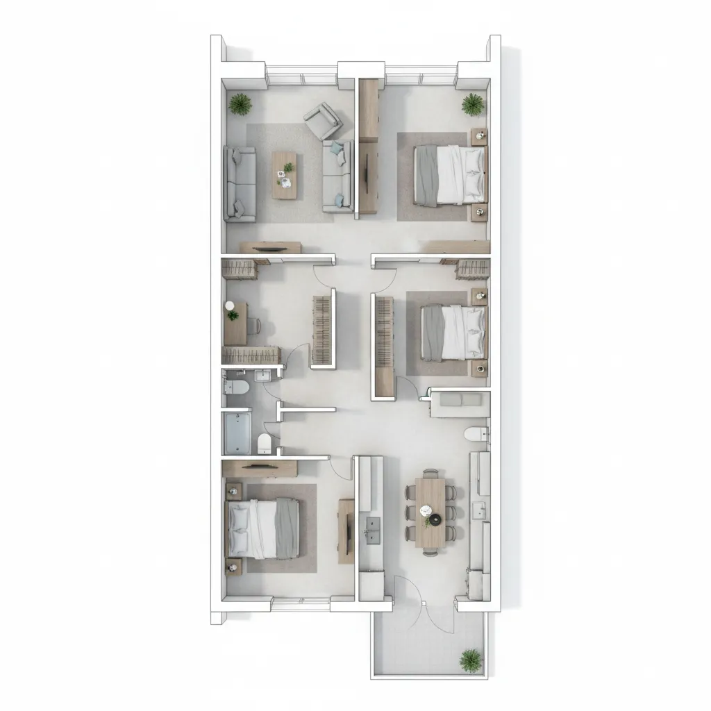 Interior design drawing of a house floor plan with three bedrooms living room and kitchen