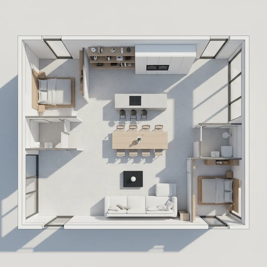 Interior design drawing of two bedroom home layout with white sofa and wooden dining table