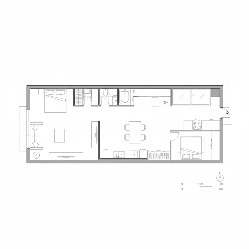 Black and white interior design drawing of narrow apartment with living room and two bedrooms