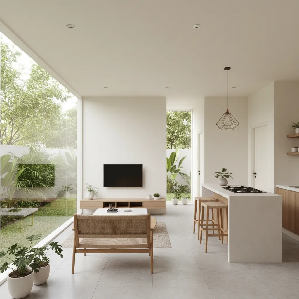 Minimalist open plan interior with white kitchen island, stools, sofa, wall mounted TV and garden