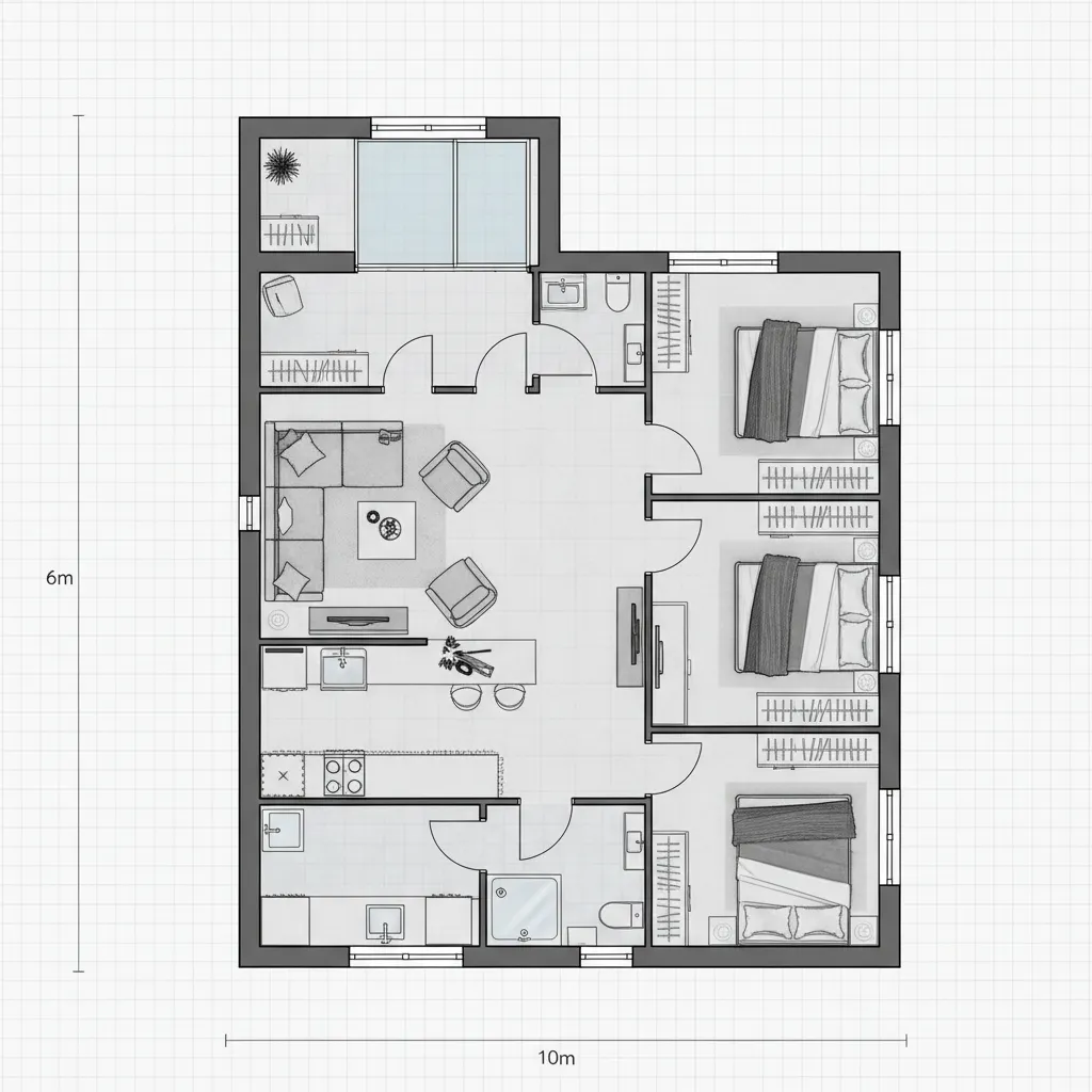 Detailed 2D floor plan showing house layout with three bedrooms kitchen living room and bathrooms