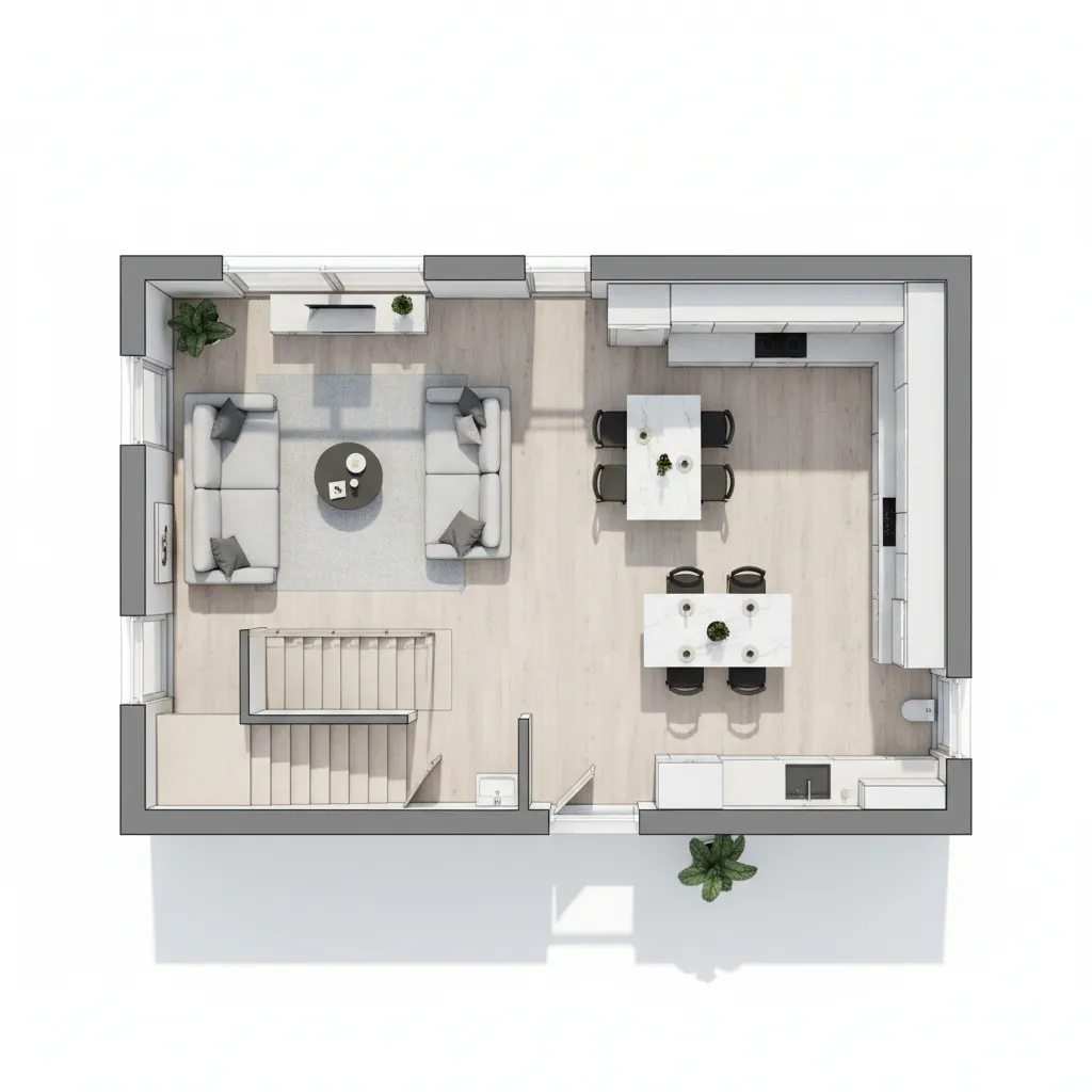 Top down interior design drawing showing living room kitchen dining area stairs and wooden floor