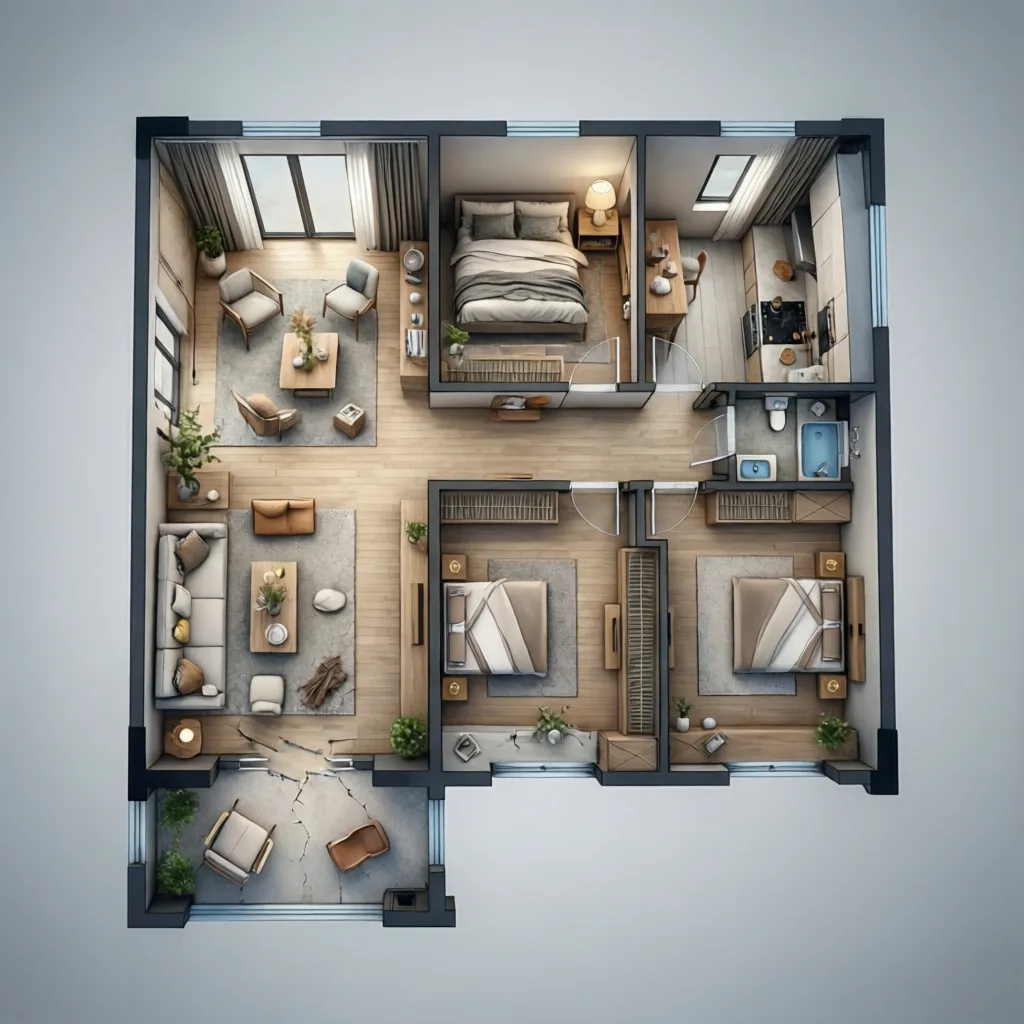 Contoh layout linear rumah 6x10 dengan tiga kamar