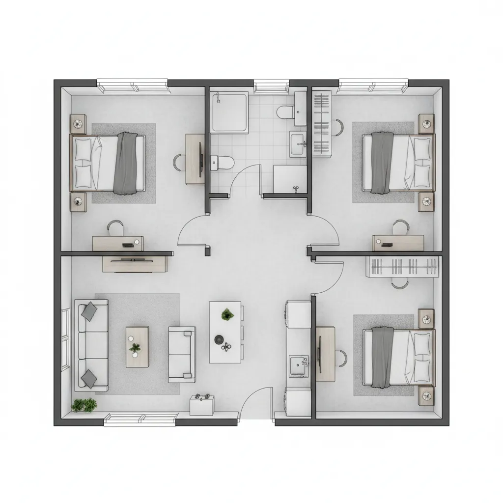 Denah rumah kecil 6x10 dengan tiga kamar dan ruang keluarga terbuka