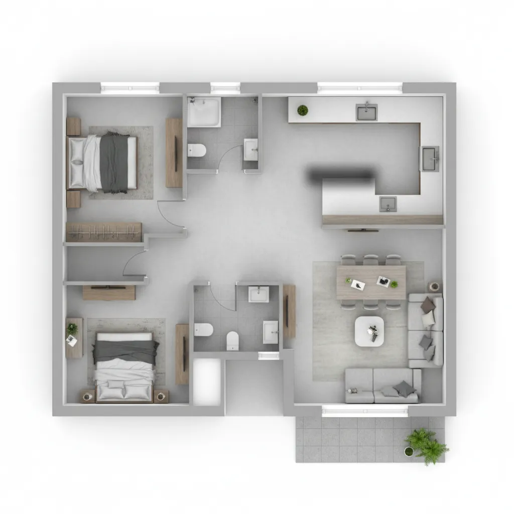 Denah rumah 6x11 dengan ruang tamu terbuka