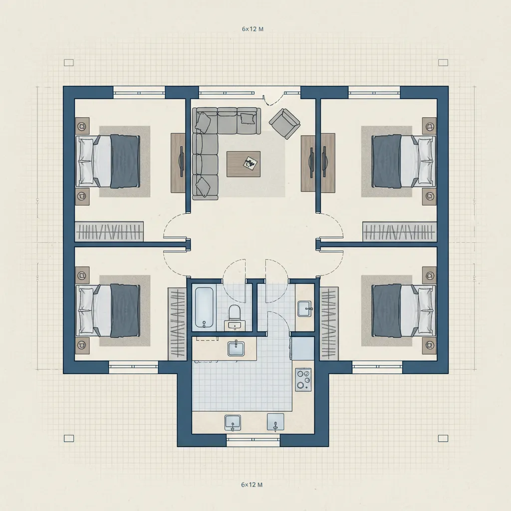 Top view interior design drawing showing four bedrooms living room kitchen and bathroom floor plan layout
