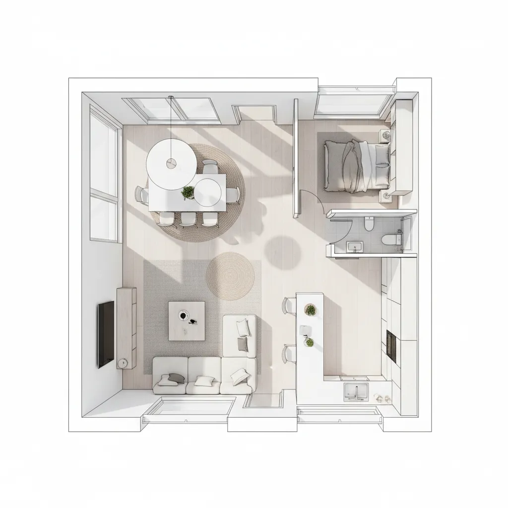 Modern apartment room layout featuring an open living area, dining table, kitchen, and one bedroom
