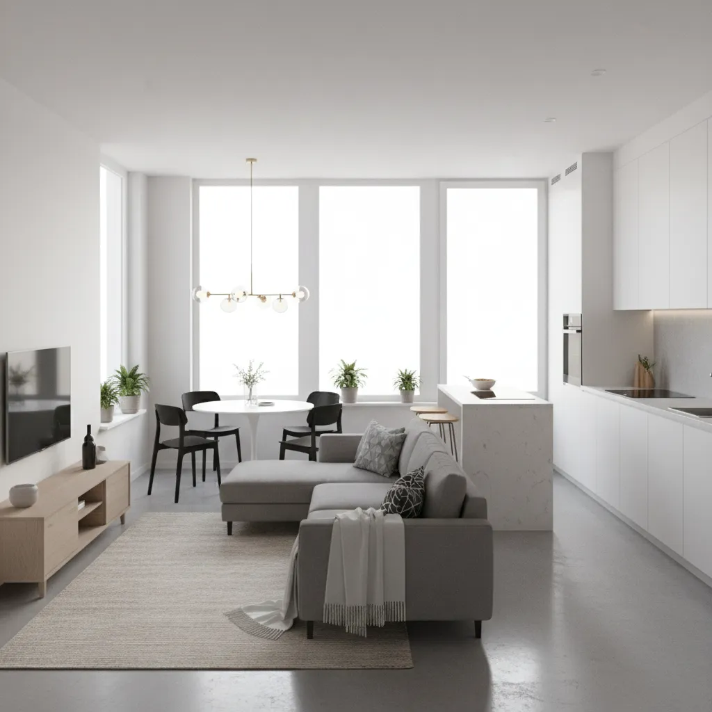 Modern open plan living room with grey sofa white walls island dining table ceiling light