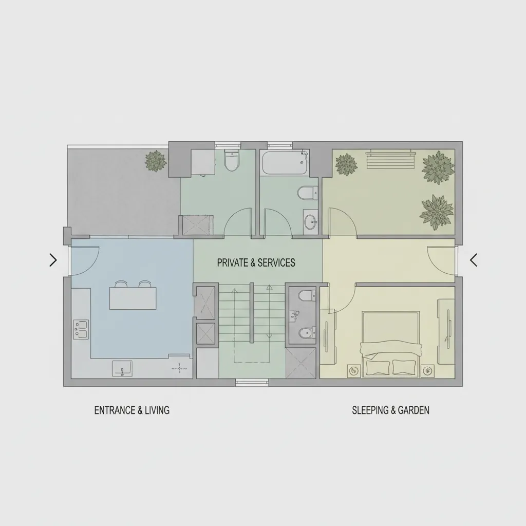 2D house floor plan with colored zones for living room, private services, bedroom, and garden