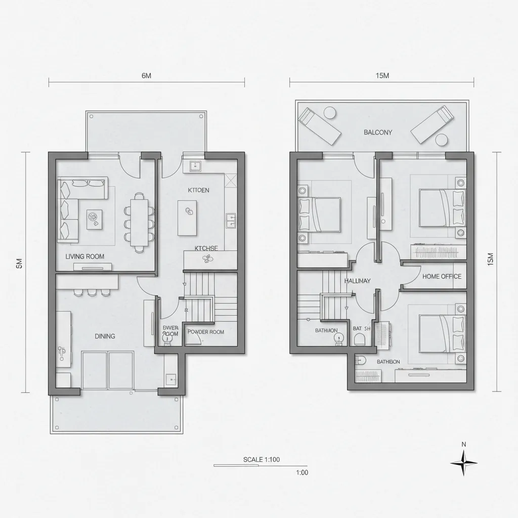 Ilustrasi pembagian ruang rumah dua lantai ukuran 6x15