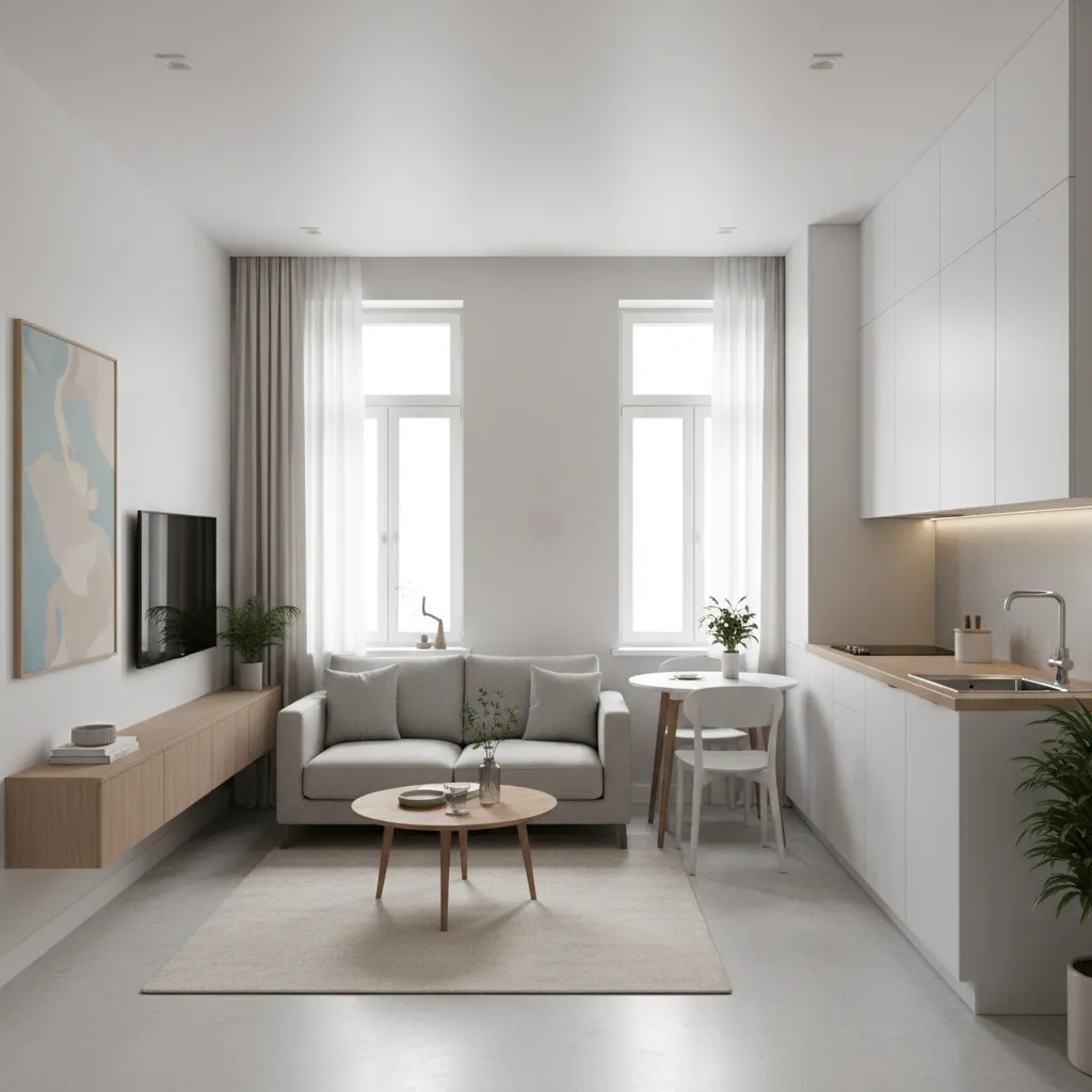 Minimalist small apartment interior with grey sofa white kitchen round table wood floor and curtains