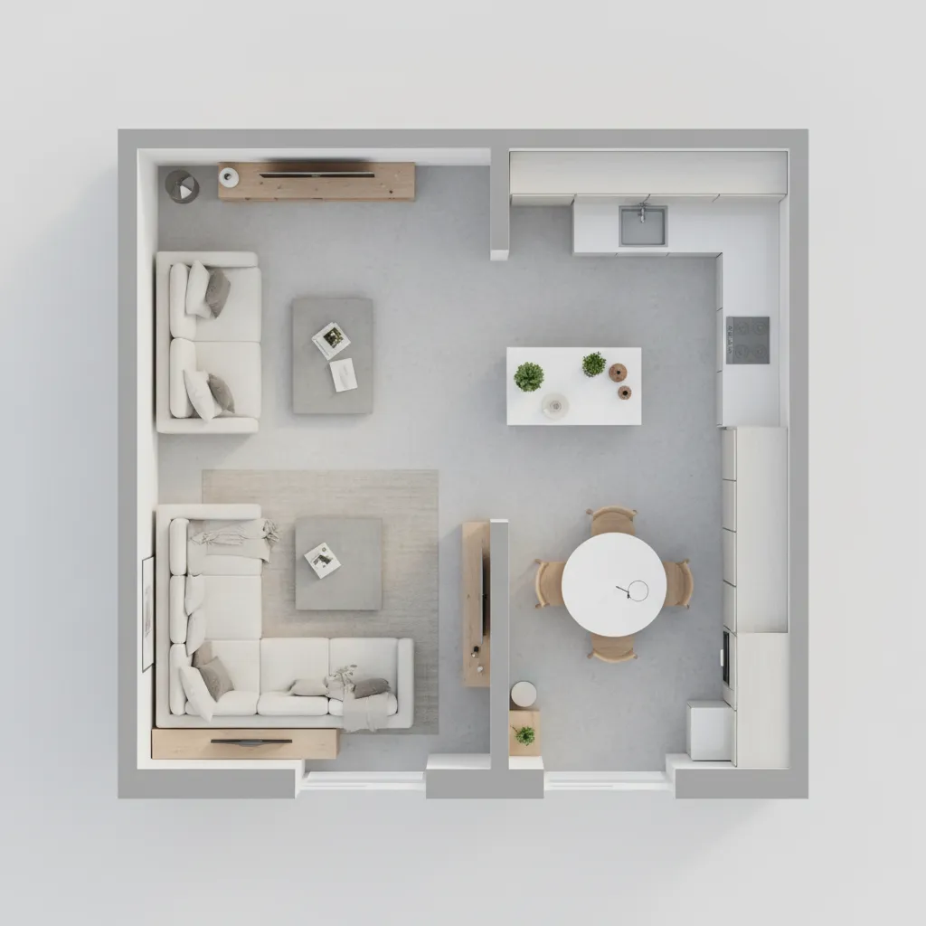 Top down interior design drawing showing a small studio with white sofa kitchen and dining area
