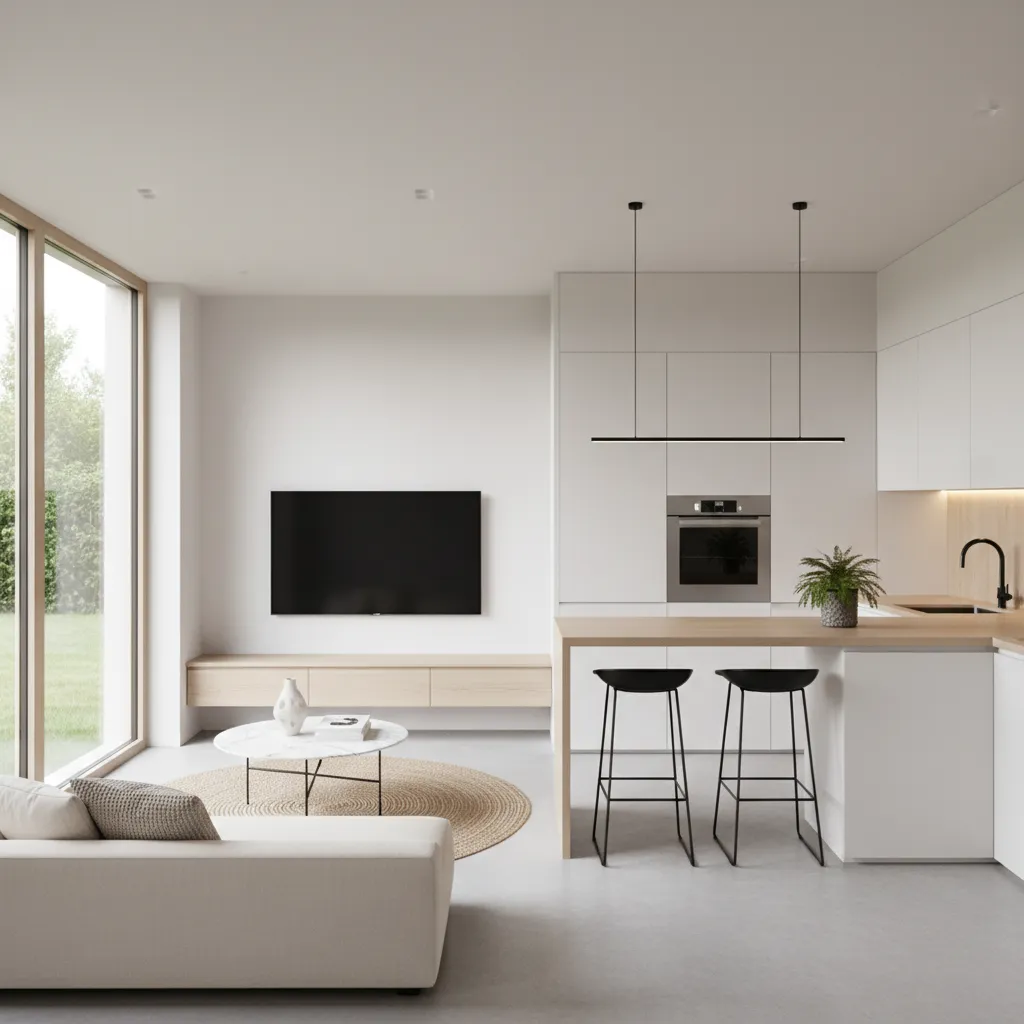 Layout rumah kecil 6x7 dengan ruang tamu dan dapur terbuka