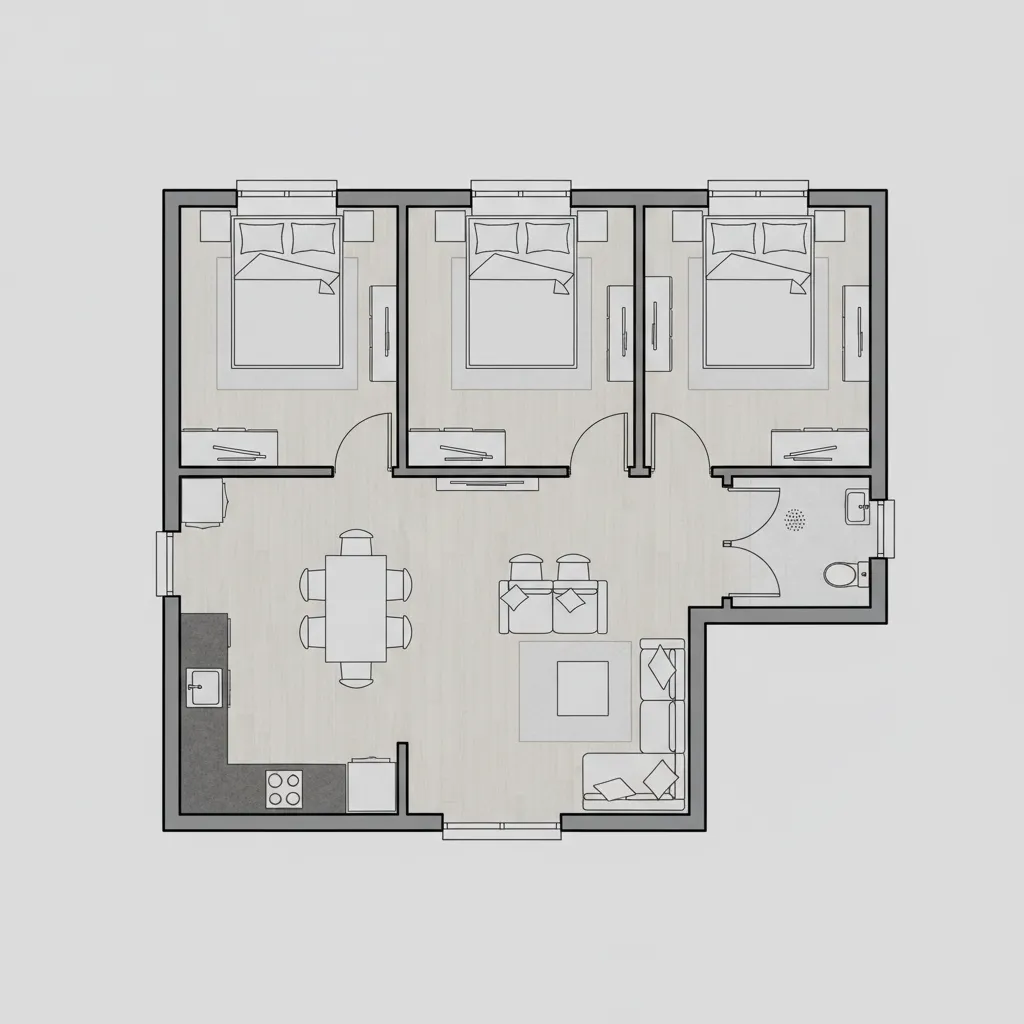 Top down 2D floor plan layout showing three bedrooms kitchen dining area and living room