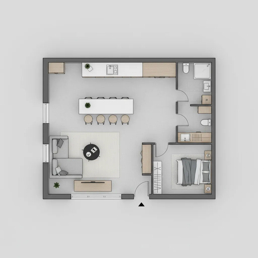 Top down interior design drawing of small apartment with kitchen island living area and bedroom
