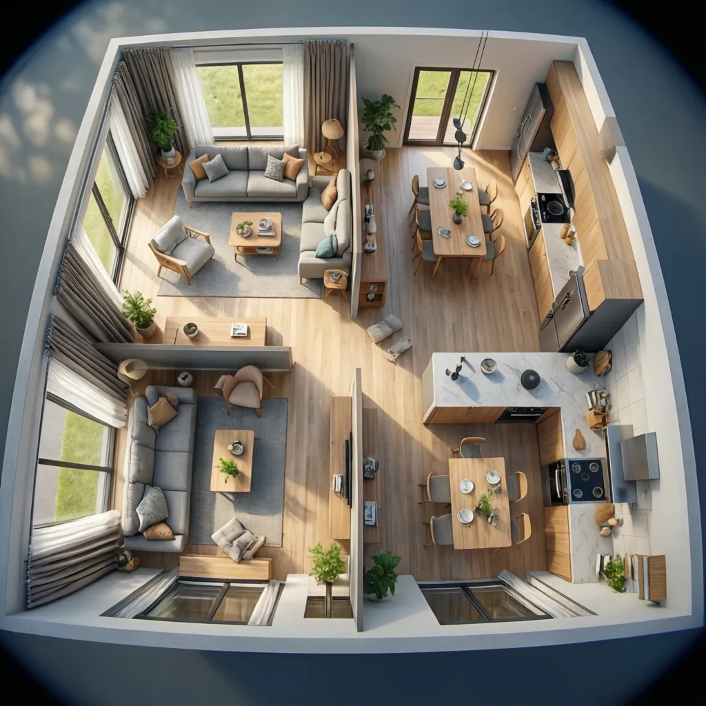 Top view interior design drawing of a house with wooden floors and a large kitchen