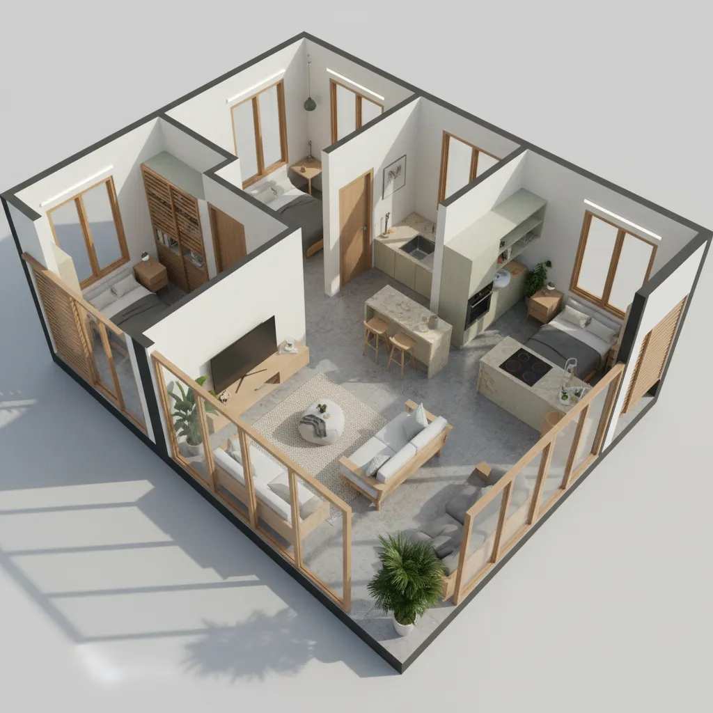 Contoh layout rumah kecil 6x9 dengan ruang tamu dan ruang keluarga terbuka