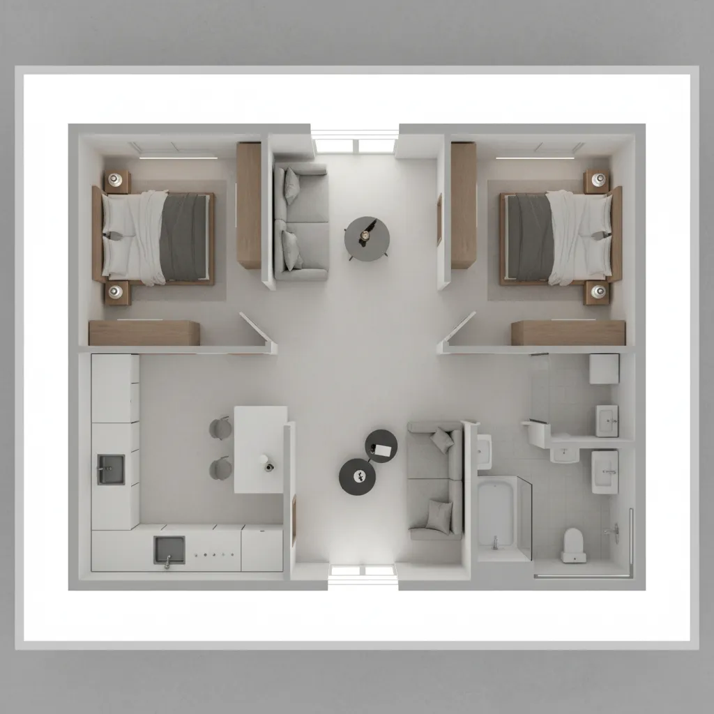 3D interior design drawing showing two bedrooms living area and white kitchen with gray sofas layout