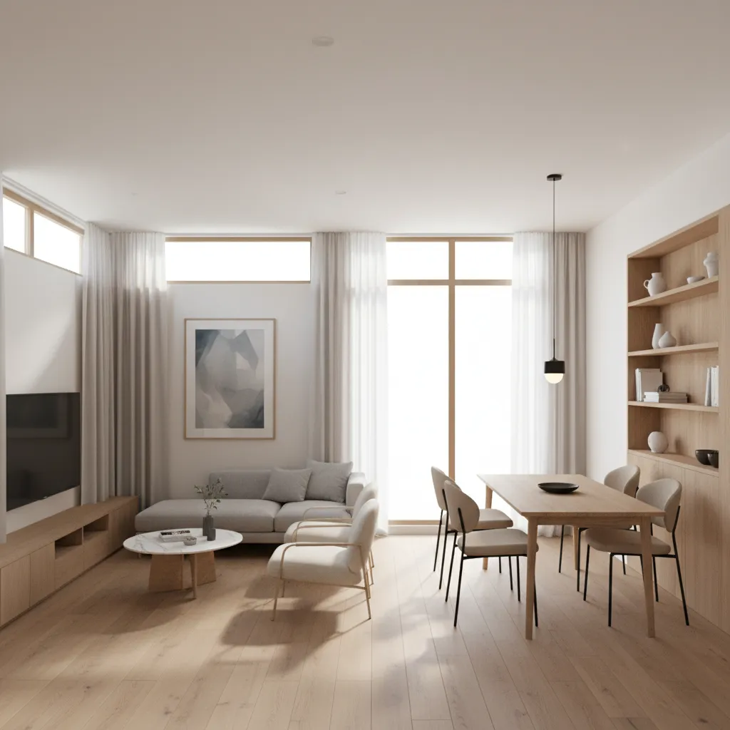 Living room with grey sofa wooden bookshelf dining table set and light colored wood floor