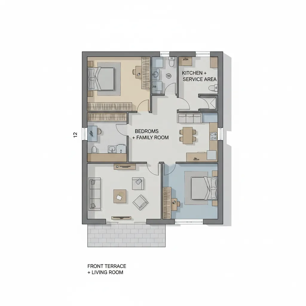 Interior design drawing showing a house layout with bedrooms, kitchen, family room, and front terrace