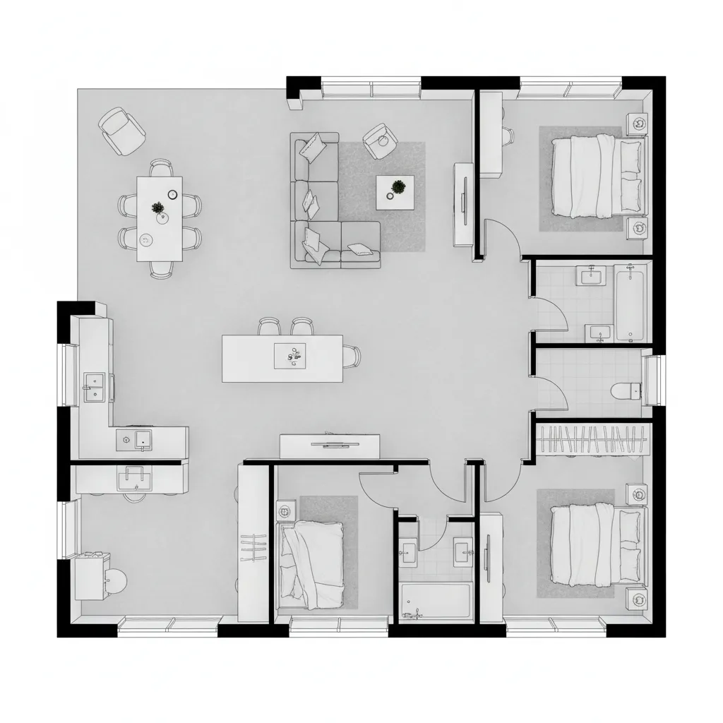 Layout rumah ukuran 7x14 dengan tiga kamar tidur