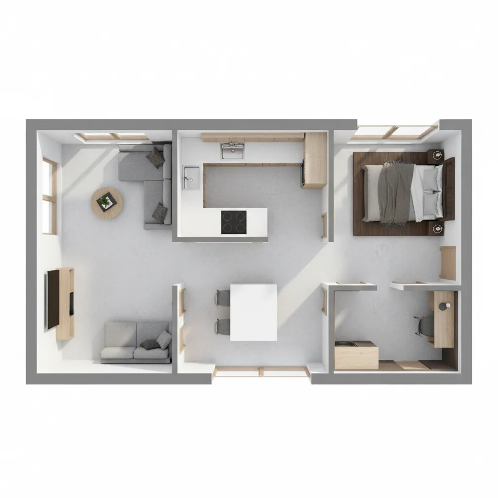Denah rumah kecil 7x4 dengan layout memanjang