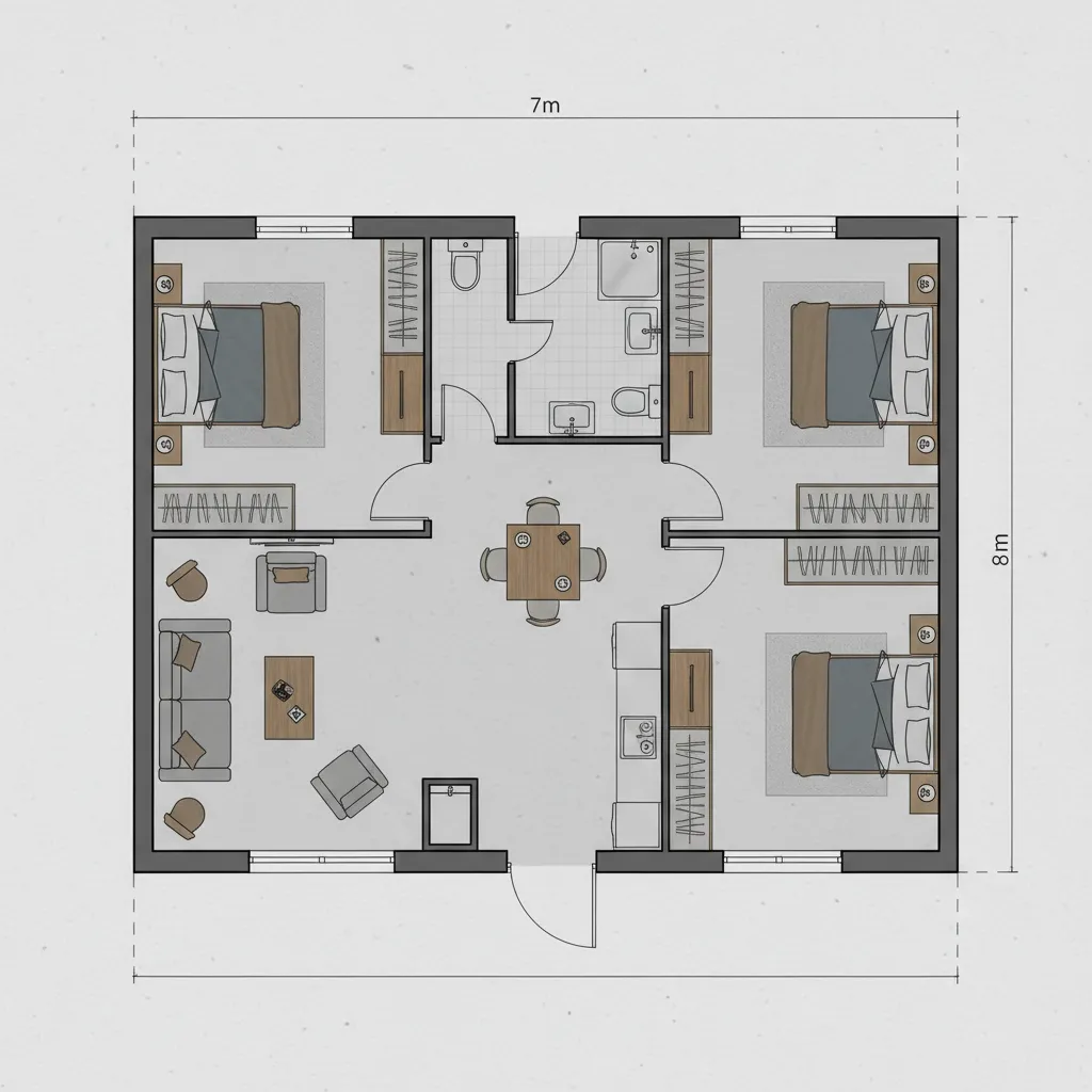 Coohom floor plan of a seven by eight meter house with three bedrooms and bathroom