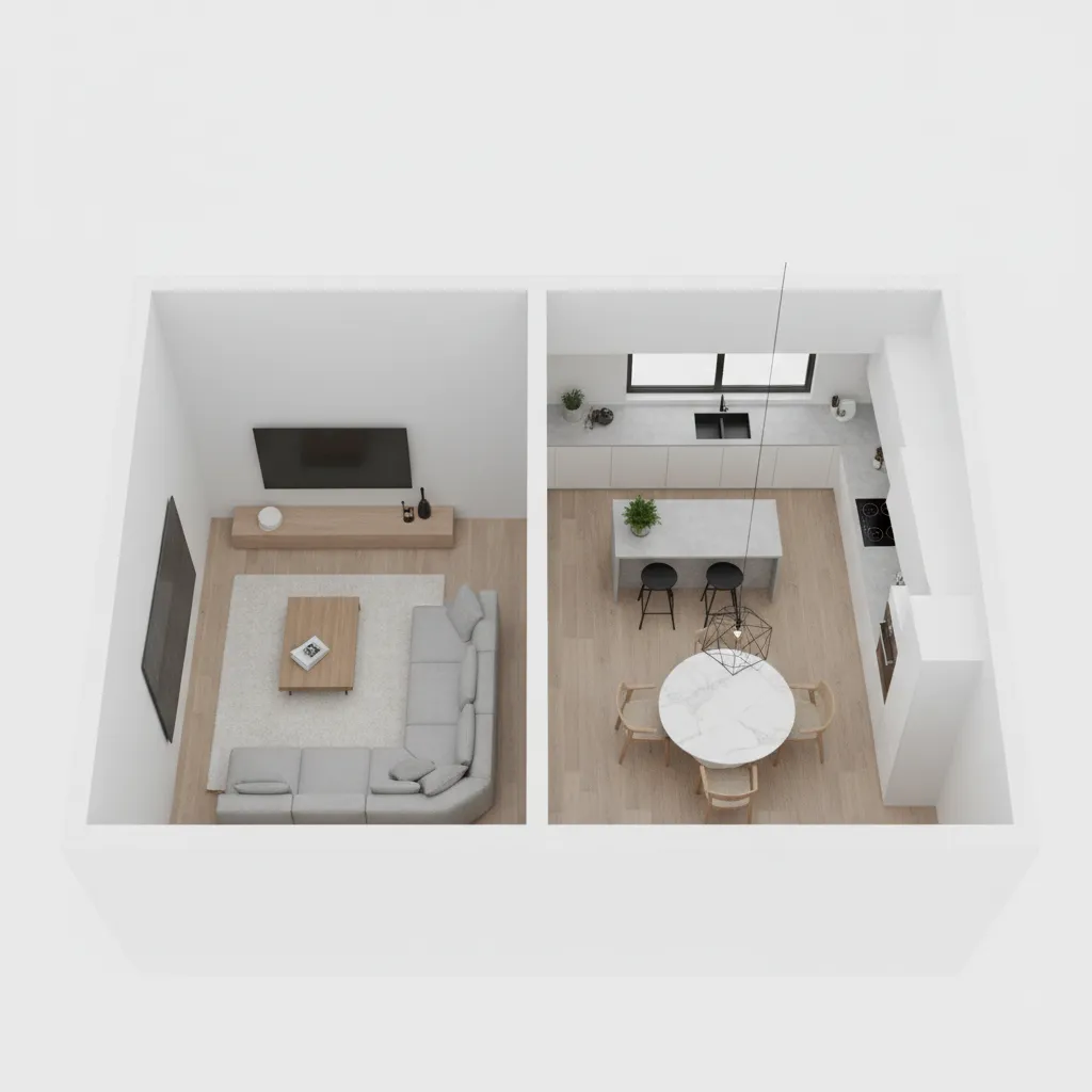 Modern interior design drawing showing living room with sofa and kitchen with round dining table