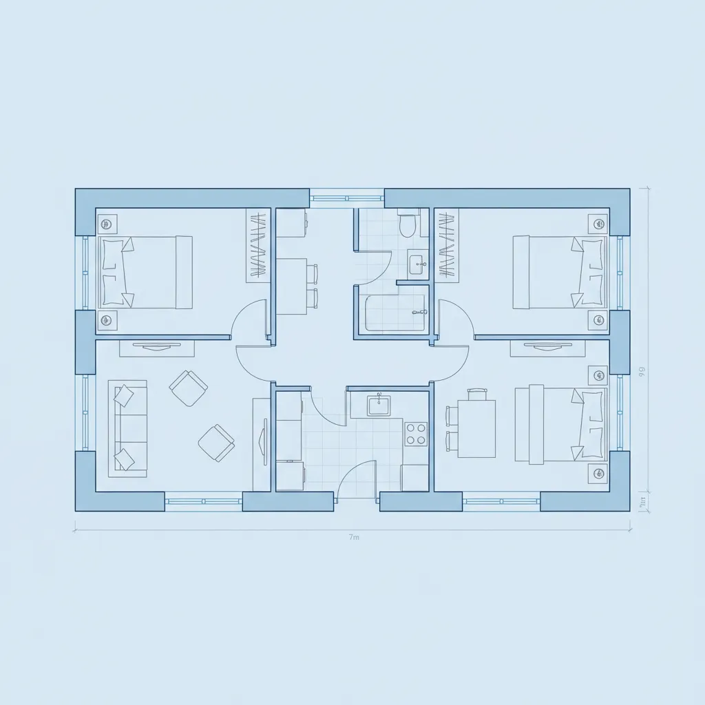 Blue interior design drawing showing a three bedroom house layout with living room and kitchen