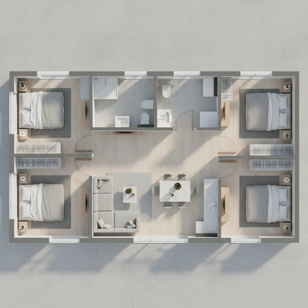 Tampilan denah rumah kecil dengan tiga kamar tidur