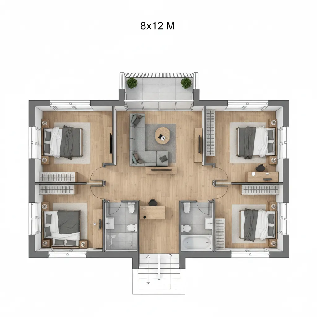 Denah lantai dua rumah ukuran 8x12