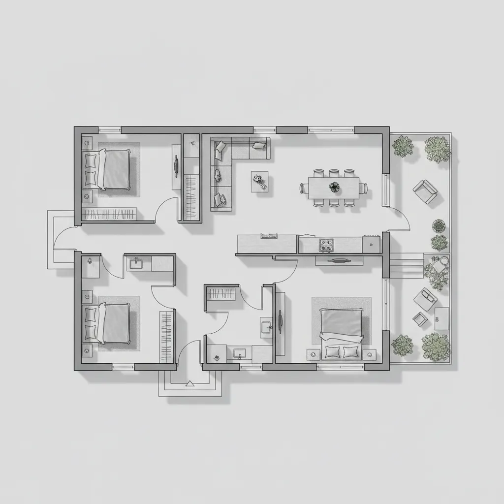 Denah rumah 8x15 dengan konsep ruang linear dari depan ke belakang
