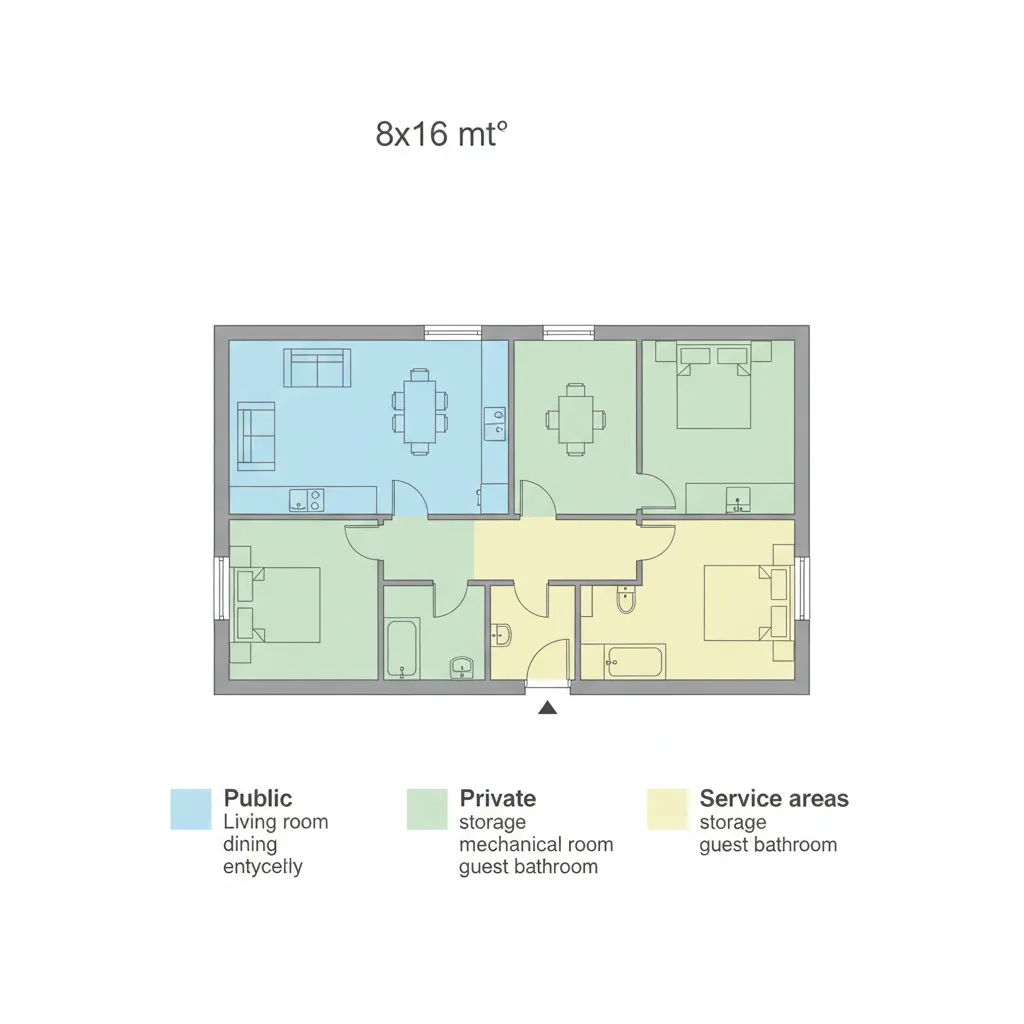 Diagram zonasi ruang pada denah rumah 8x16