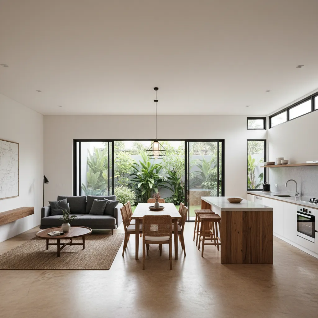 Interior rumah 8x20 dengan ruang keluarga terbuka