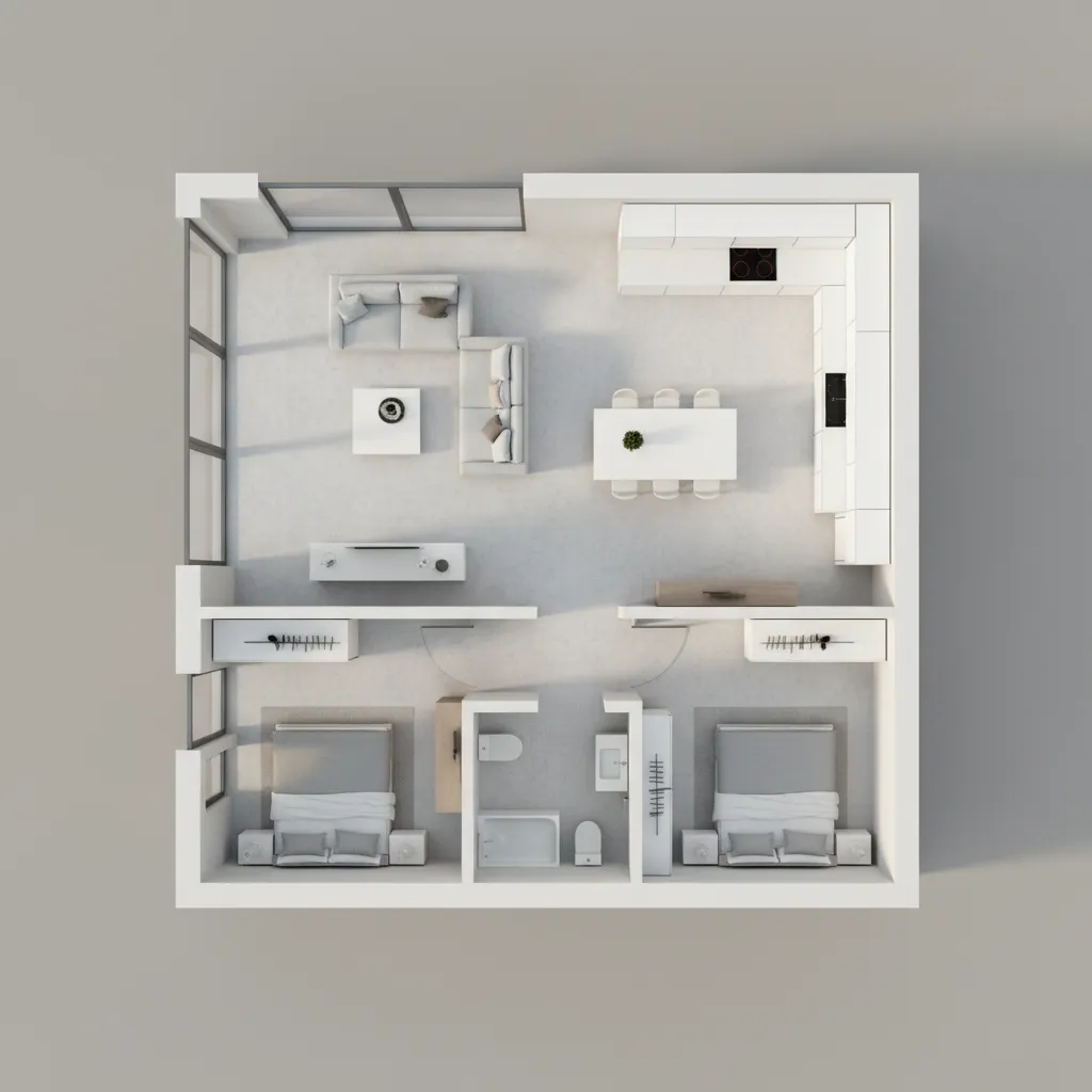 Top-down interior design drawing of minimalist two bedroom apartment with white furniture and open layout