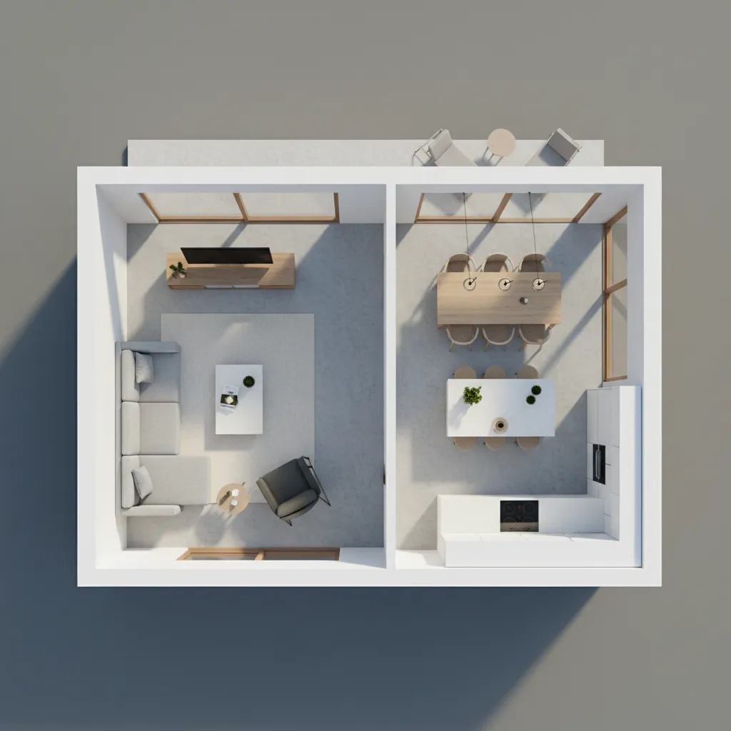 Denah rumah kecil dengan ruang tamu dan ruang makan terbuka