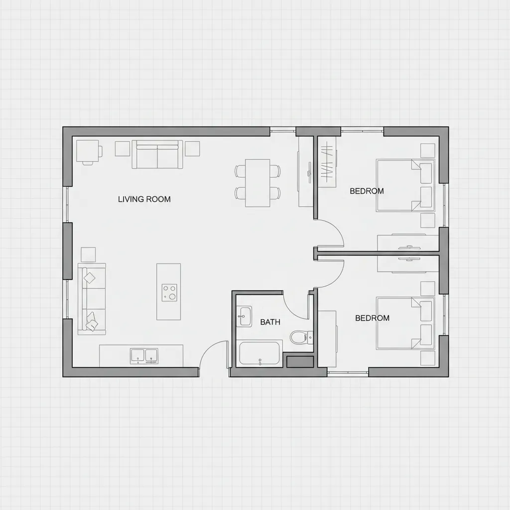 Simple black and white floor plan showing a living room two bedrooms and one bathroom