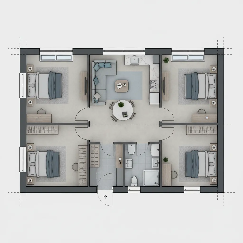 Layout rumah kecil 9x6 dengan tiga kamar dan ruang tengah